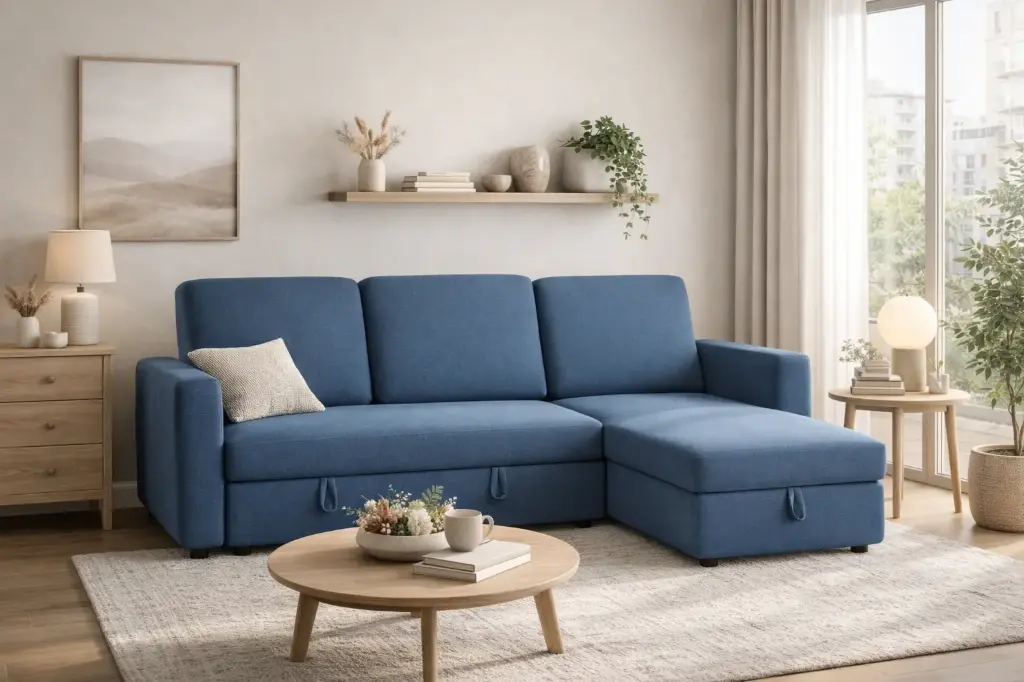 Rivera Sofa cum Bed (Oxford Blue, Velvet)